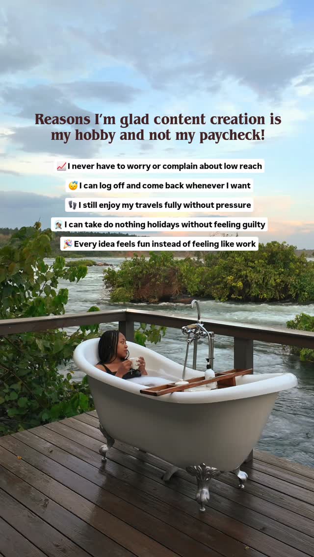 I started travel blogging sometime in 2015 to inspire Nigerian travellers to explore the country and beyond. A decade later, I'm still on it - even when it seems like blogging may be a thing of the past (NEW POSTS EVERY TUESDAY 😉)

📖 I keep at it because I love it. It's a creative outlet for me and a sort of diary from all my travels. I feel so grateful to be able to continue doing this as a hobby.

In a world where the constant messaging is to monetise your passions and hobbies or quit your job, I wonder, do people still do things just for the fun of it? Just because you enjoy it?

I'm glad content creation remains a hobby for me

📈 I never have to worry or complain about low views or reach: I love when you all visit my page or read my blog. Not going to lie, it does make me happy. But even if there was just one reader, I'd be content to keep at it!

😴 I can log off and come back whenever I want: I'm not nervous about taking breaks from social media and it's been great for my mental health and productivity!

👣 I still enjoy my travels fully because I’m not creating for pressure

🧖🏾‍♀️ I can take do nothing holidays without feeling guilty

🎉 Every idea feels fun instead of feeling like work: no deadlines, no pressure about a piece of content 'failing'...

I obviously know this is not the reality for everyone but if you're out there wondering whether you are the outlier, whether you should be doing "more" - when in fact you already are, well, welcome. Because me too!