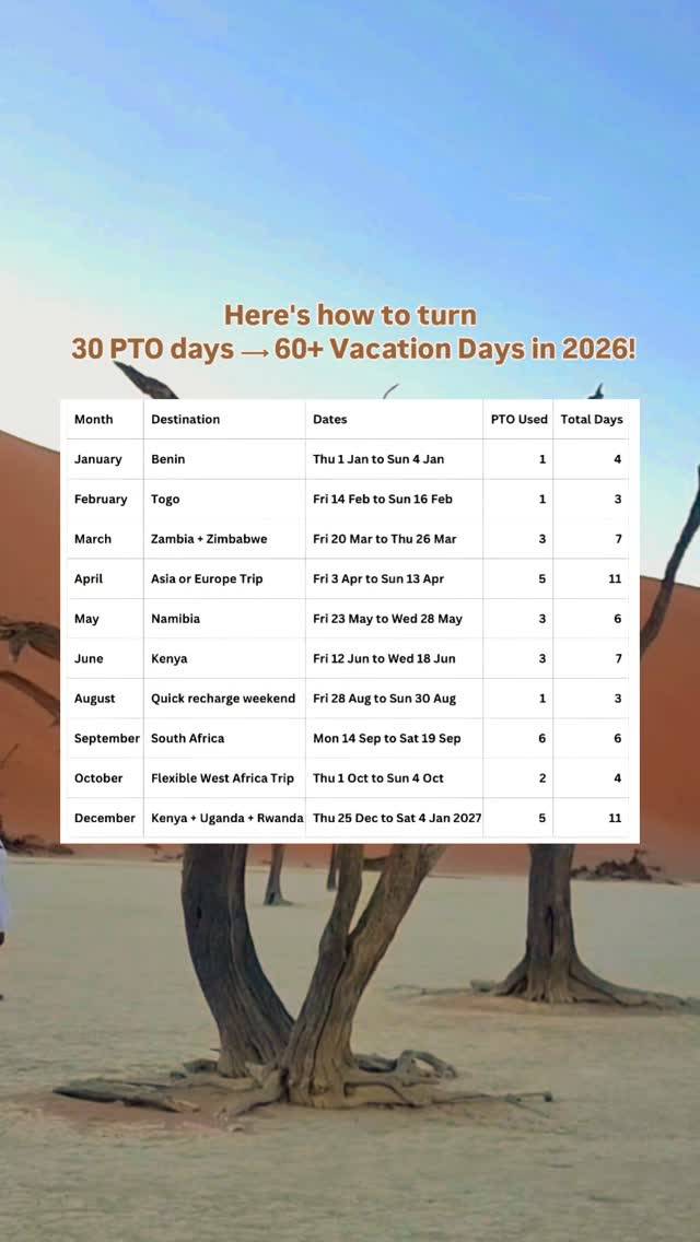 This is one of the greatest travel hacks for all my 9-5 people who love to explore! 🪐

This year, while working full time, I travelled to a new place each month, visiting local, regional and international destinations - including a 25-day trip to Japan! 🤯

How did I do it? I stacked my PTO, weekends and public holidays to maximise my vacation days! And now, I'm giving you my blueprint and travel planning strategy 💙

These are some suggestions but feel FREE to mix and match according to your preference! Happy Travels! 🪐

#travelhacks #vacationplanner #ptohacks #workandtravel